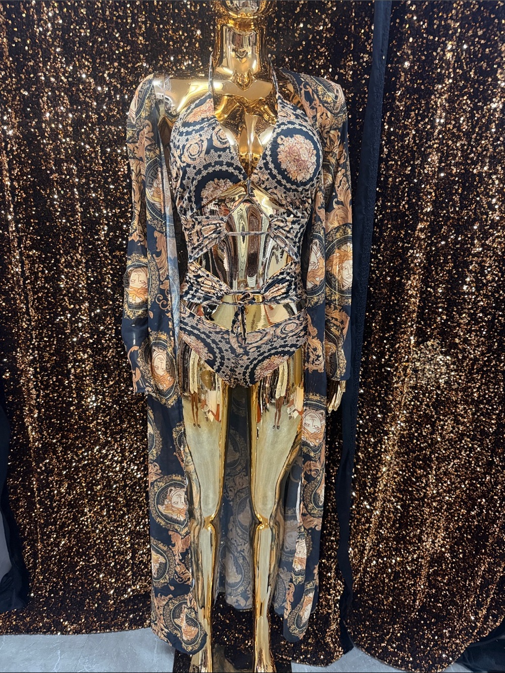 Black & Gold Printed Jumpsuit with Duster Cover-Up